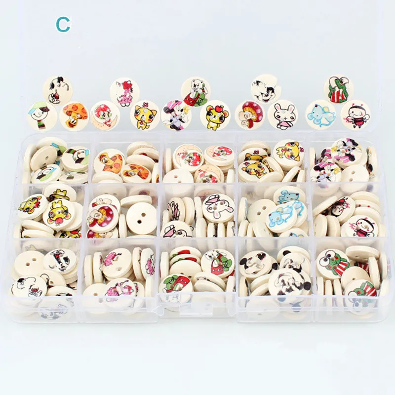 Best Big Discount!225pcs Print 2 Holes Wooden Buttons with storage box 15 style decorative buttons for clothing sewing accessories