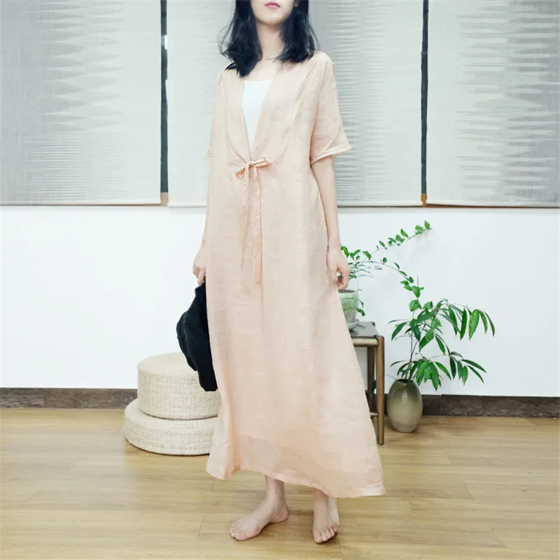 Vestidos Новое Женское летнее платье с глубоким v-образным вырезом и бантом, с коротким рукавом, легкие длинные платья из ткани рами, милое пляжное платье
