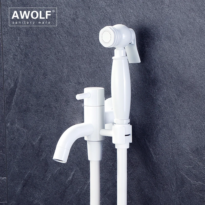 Awolf White Bidet Faucet Handheld Toilet Bidet Sprayer Set Solid Brass Filling Valve Shattaf Douche Kit Toilet Washer Tap AP2300