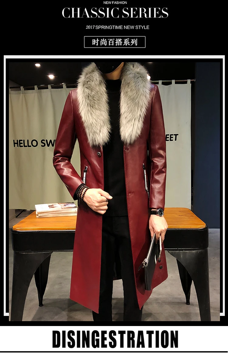 Для мужчин пальто роскошный Veste Homme золотые длинные пальто Slim Fit Chaqueta Cuero Hombre большой меховой воротник Для мужчин s Искусственная кожа пальто-тренчи