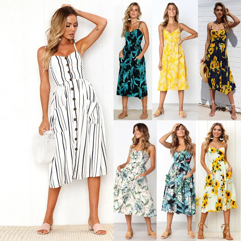 Sleeveless Backelss Sexy Summer Dress Women 2020 White Casual Dress Spaghetti Strap Dresses Button midi Sundress female Stripe
