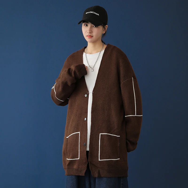 

Fall 2020 Fashion Loose Cardigan for Women Clothes Ladies Brown Knitted Button Sweaters University Couple V Neck Sweater Jacket