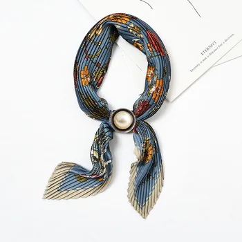 

Stripe Bandana Women Silk Crinkle Neck Scarf Color Patchwork Square Foulard Satin Neckwear Pearl buckle