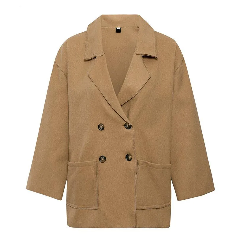 Khaki Simplee элегантный двубортный для женщин смеси с длинным рукавом карманы женские короткие пальто осень зима офисные женские твидовые пальто - Цвет: Khaki
