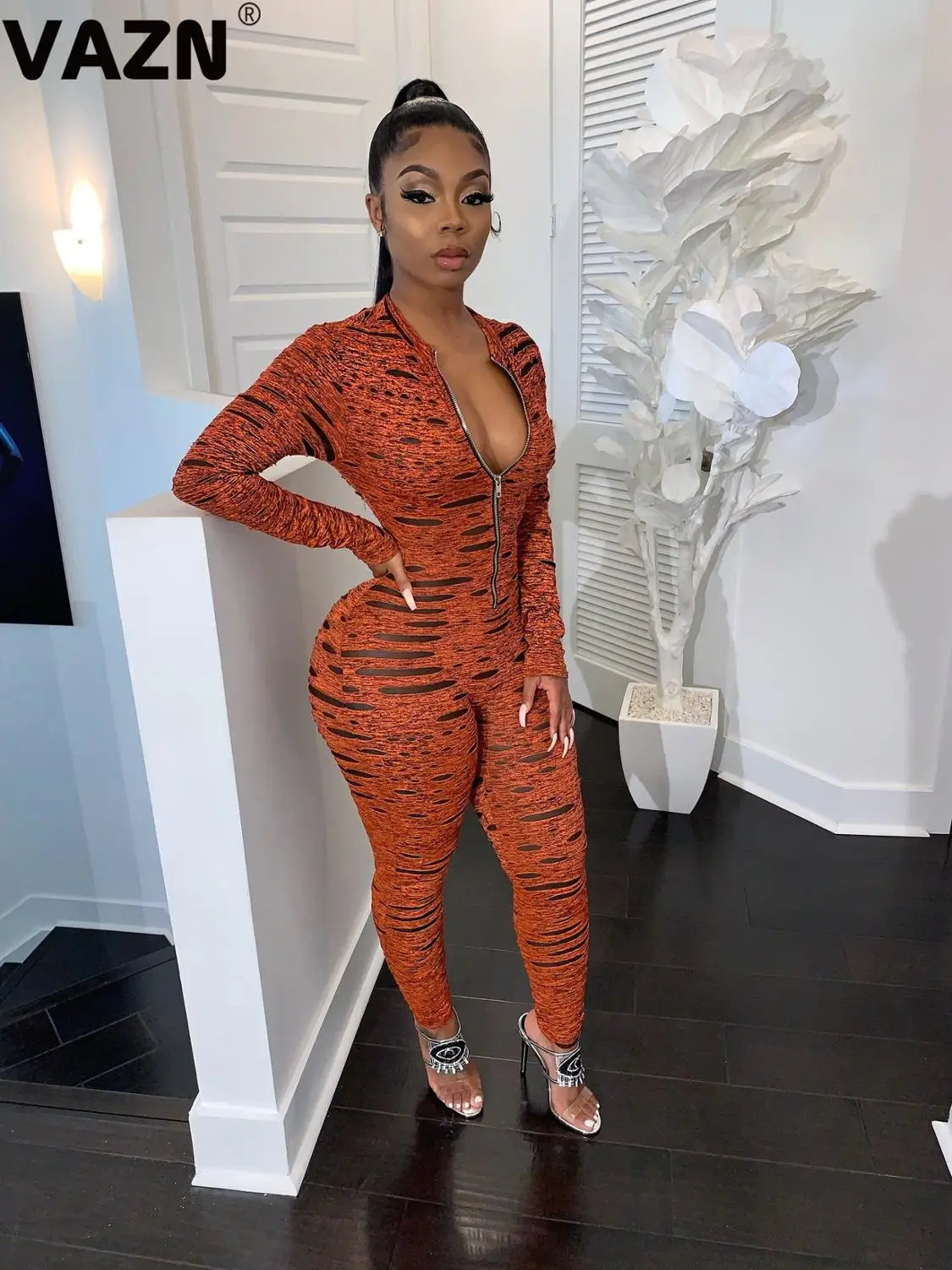 VAZN, высокое качество, модный, на молнии, с принтом, v-образный вырез, бандаж, женский комбинезон с длинным рукавом, длинные брюки-карандаш, комбинезоны, сексуальные Клубные Комбинезоны