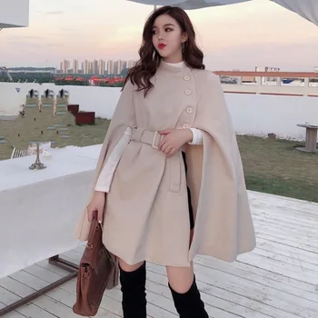 

2020 Autumn New Women's Western Style Cloak Woolen Loose Mid-Length Temperament Shawl Woolen Coat Overcoat Women's Coat