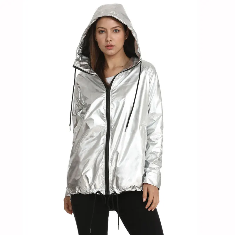 low cost  2020 Fashion Women's Spring And Autumn Jacket Long-sleeved Gold PVC Raincoat Zipper Punk Unisex Wat