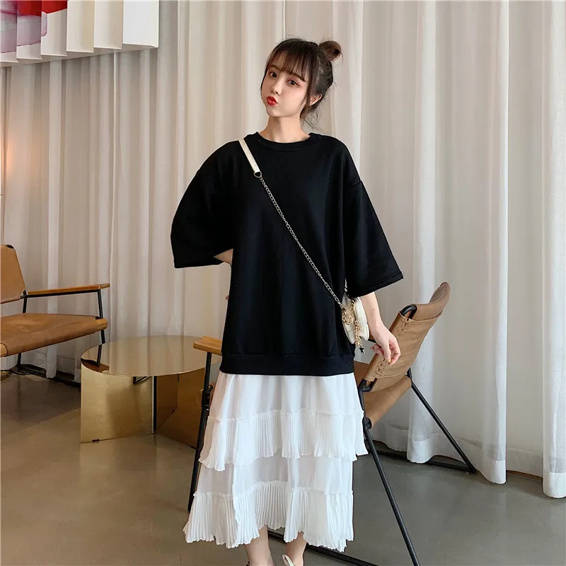 

M-4XL Plus Size Women Casual Dress Autumn 2019 Fashion Cotton Loose Sweatshirt Patchwork Chiffon Pleated Ruffle Midi Dresses