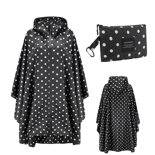 Black Dots Плащ с капюшоном, женские непромокаемые плащи, Дамское пончо, плащ, дождевик в черный горошек, дождевик на молнии - Цвет: Black Dots