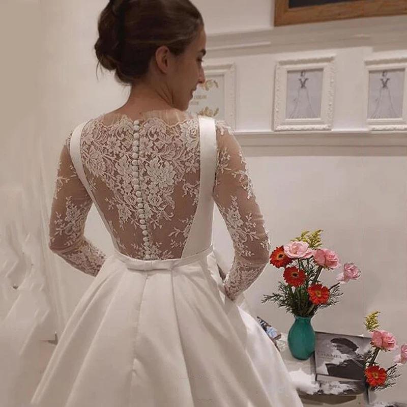 Скромные атласные свадебные платья robe de mariee с длинным рукавом Свадебные платья Аппликация Кружева Линия свадебное платье на заказ suknia