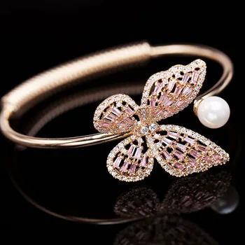 

Japan Korea hot selling fashion jewelry high-end luxury shiny copper inlaid zircon flexible butterfly opening bracelet for women