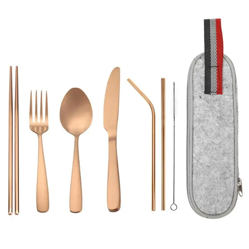 9pcs Stainless Steel Fork Spoon Chopsticks Travel Ourdoor Camping Cutlery Tools portable Stainless Steel Tableware 4 Colors - Color: Rose Gold