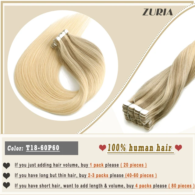 ZURIA Mini Tape In Hair Extensions Machine Remy Natural Hair Extensions Human Hair Straight 20 Inchs Seamless Adhesive Skin Weft T18-60 P 60