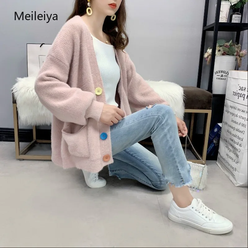 #^Special Price Women's 2019 autumn and winter loose wild long-sleeved knit cardigan women's new imitation velvet color button sweater coat