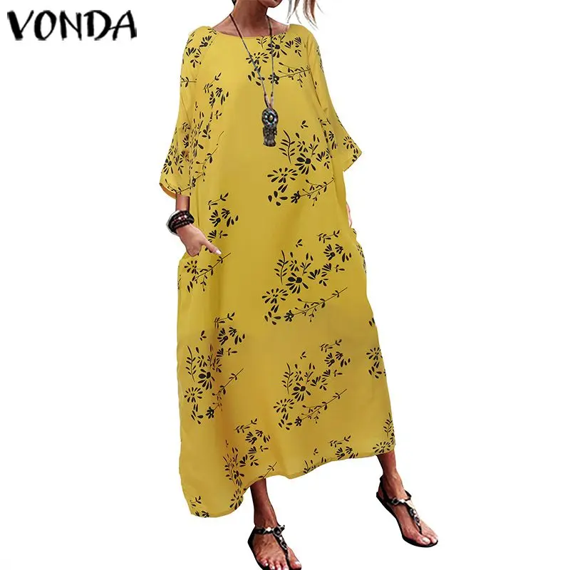 Yellow VONDA женское платье с длинным рукавом с цветочным принтом Макси платье Летний Пляжный сарафан повседневные свободные вечерние платья плюс размер Халат - Цвет: Yellow