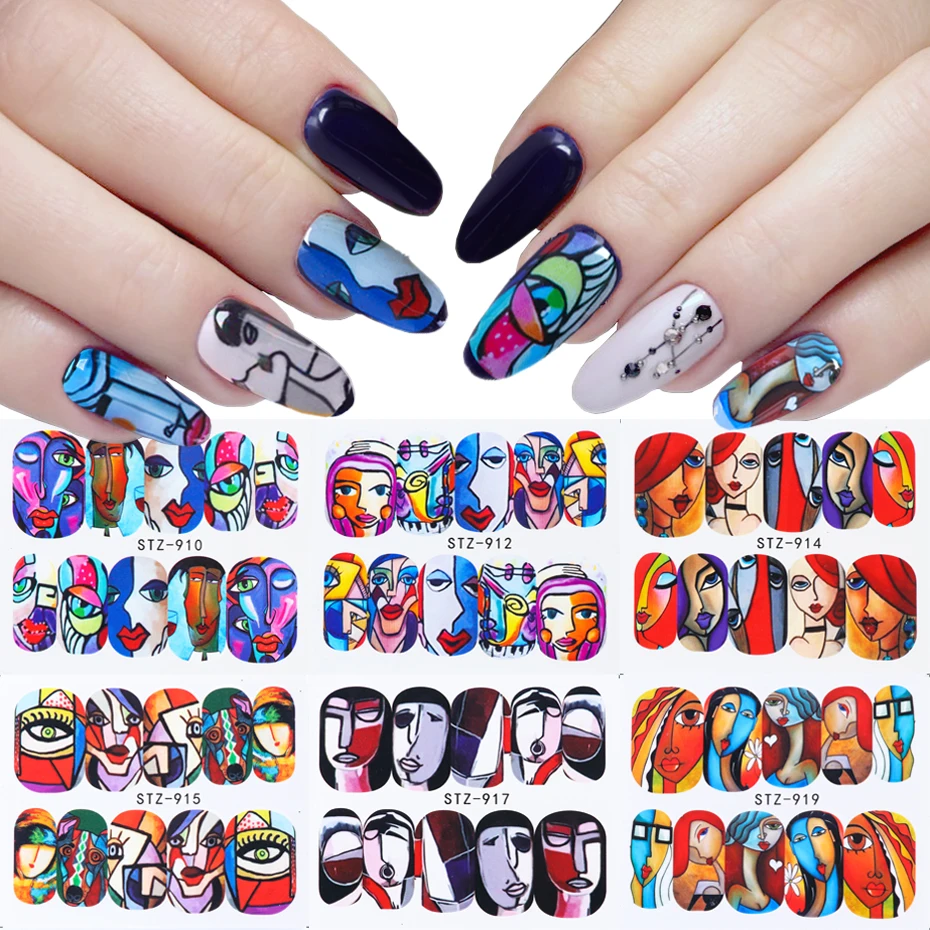 

1 Sheet Colorful Abstract Face Nail Sticker Decals Sexy Girl Water Transfer Slider For Nails Art Decoration Wraps SASTZ906-921