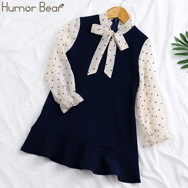 Humor Bear/платье для девочек в школьном стиле; сезон осень-весна; платье с длинными рукавами и бантом; детская одежда; платье принцессы в клетку для девочек - Цвет: Blue-BE041