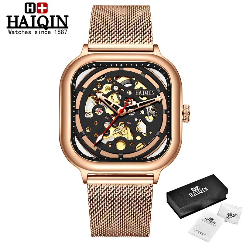 HAIQIN Fashion Sport Mens Watches top brand luxury Square Mechanical watch men wirstwatch Hollow skeleton erkek kol saati - Цвет: Золотой