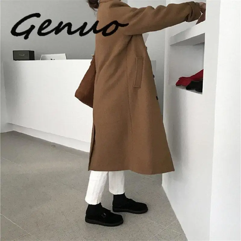 Genuo Новое корейское шикарное пальто женское модное шерстяное уличное пальто весеннее теплое Новое однотонное длинное женское универсальное пальто размера плюс