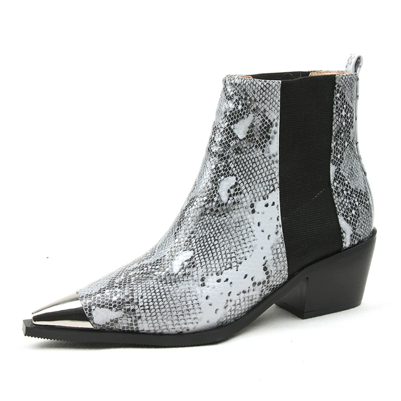 

COOLULUSpring Autumn Serpentine Chelsea Boots Woman Square Heel Slip on Women's Ankle Boots Pointed Toe High Heel Short Boots