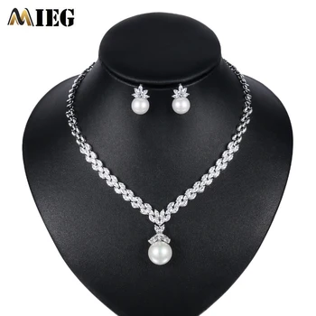 

MIEG Elegant Imitation Pearl Copper CZ Jewelry Cubic Zirconia Necklace&Earring For Bridal Wedding Jewelry Set