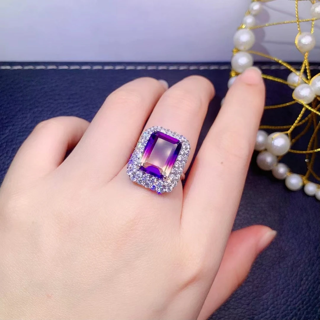 Fine Jewelry 925 Sterling Silver Inset With Gemstone Women's Luxury Vintage Rectangle Ametrine Adjustable Ring Support Detection