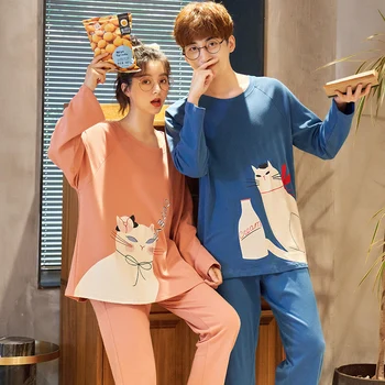 

XIZOU Autumn Men Pajamas Set Cotton Long Sleeve Round Neck Couple Pajamas Set Plus Size M-3XL Leisure Loose Lovers Pyjamas