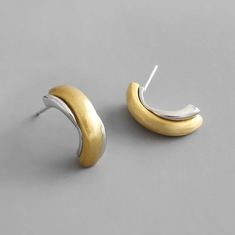 

Two-tone 100% Authentic 925 Sterling silver half- circle geometric stud Earrings Fine jEWELRY TLE729