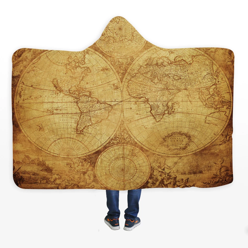 Ретро Карта мира с капюшоном одеяло супер теплый флис надеваемое покрывало толстовки красочные взрослых плащ пледы балахон одеяло s