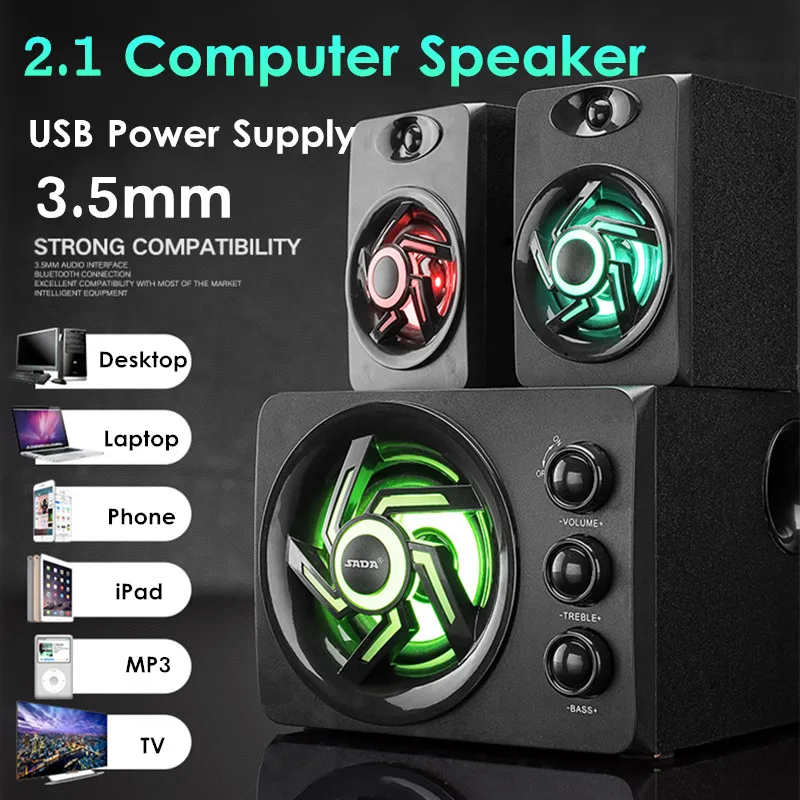 LED Light 2.1 Desktop Computer Speaker Heavy Bass Subwoofer Home Combination Speaker USB Power Supply For PC Laptop Cellphone