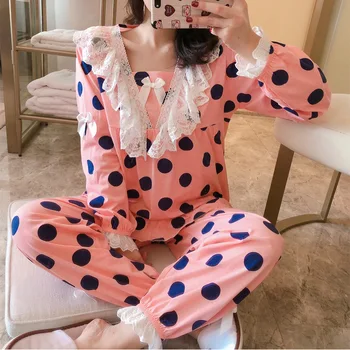 

Spring 2020 Women Pajama Sets with Pants 2 Pcs Lace Pyjamas 100% Cotton Sleepwear Elegant Pijama Cartoon Print Cute Homewear