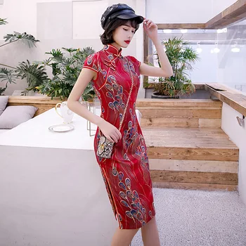 

Sexy Slim red Qipao Summer Short Sleeve Print Vintage Cheongsam Chinese Evening Dress qipao Vestidos Oversize 4XL