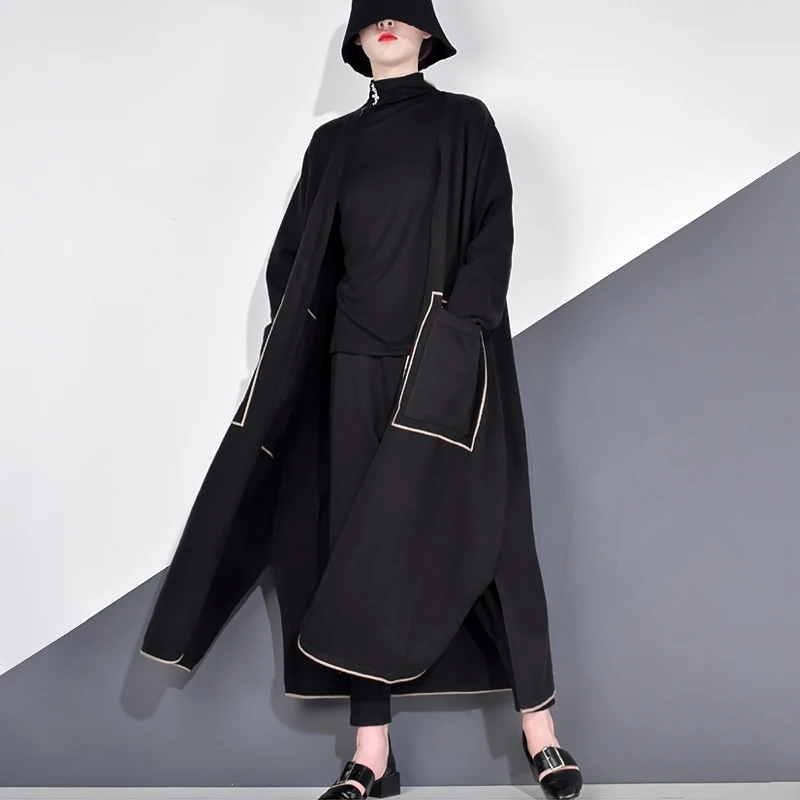 XITAO Pacthwork Striped Knitted Trench Streetwear