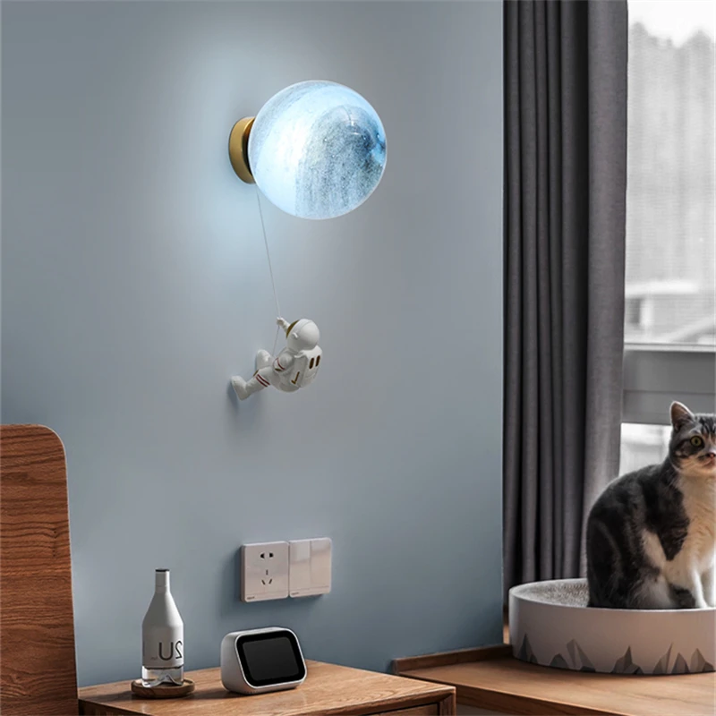 plug in sconce Children's room moon wall lamp modern minimalist creative astronaut full copper cartoon boy bedroom bedside background wall lamp wall lamp light