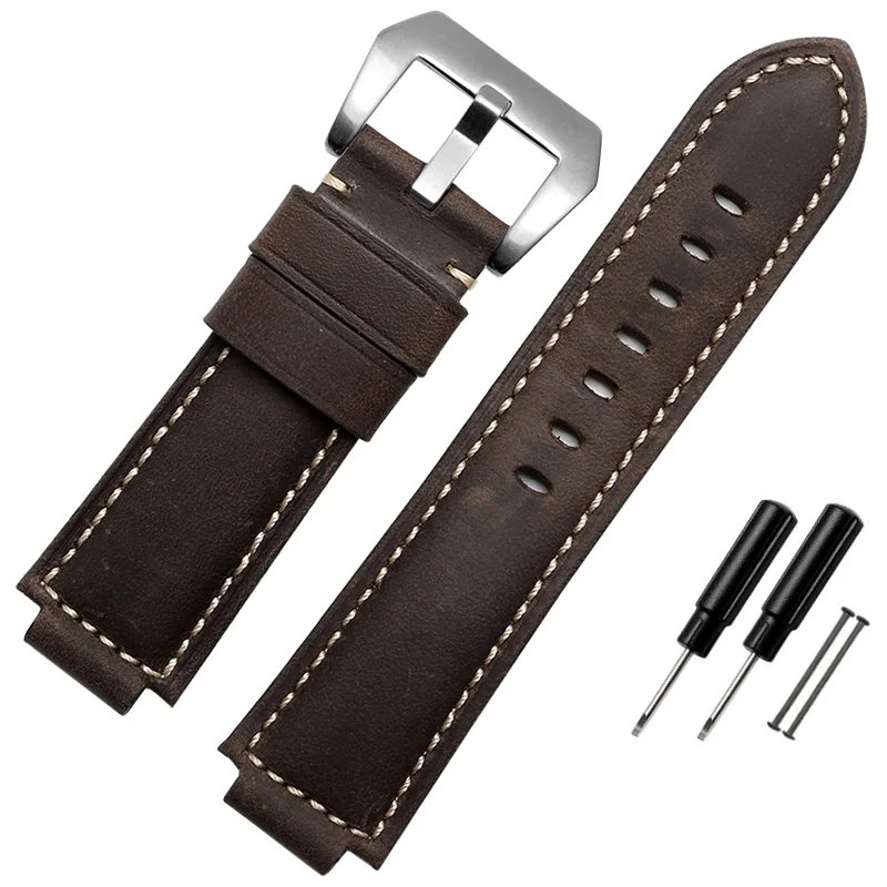 Dark brown silver Нубук ремешок из натуральной кожи для часов timex T2N721 T2N720 739 TW2T6300 ремешок 24*16 мм ремешок с винтом и инструментами - Цвет ремешка: Dark brown silver