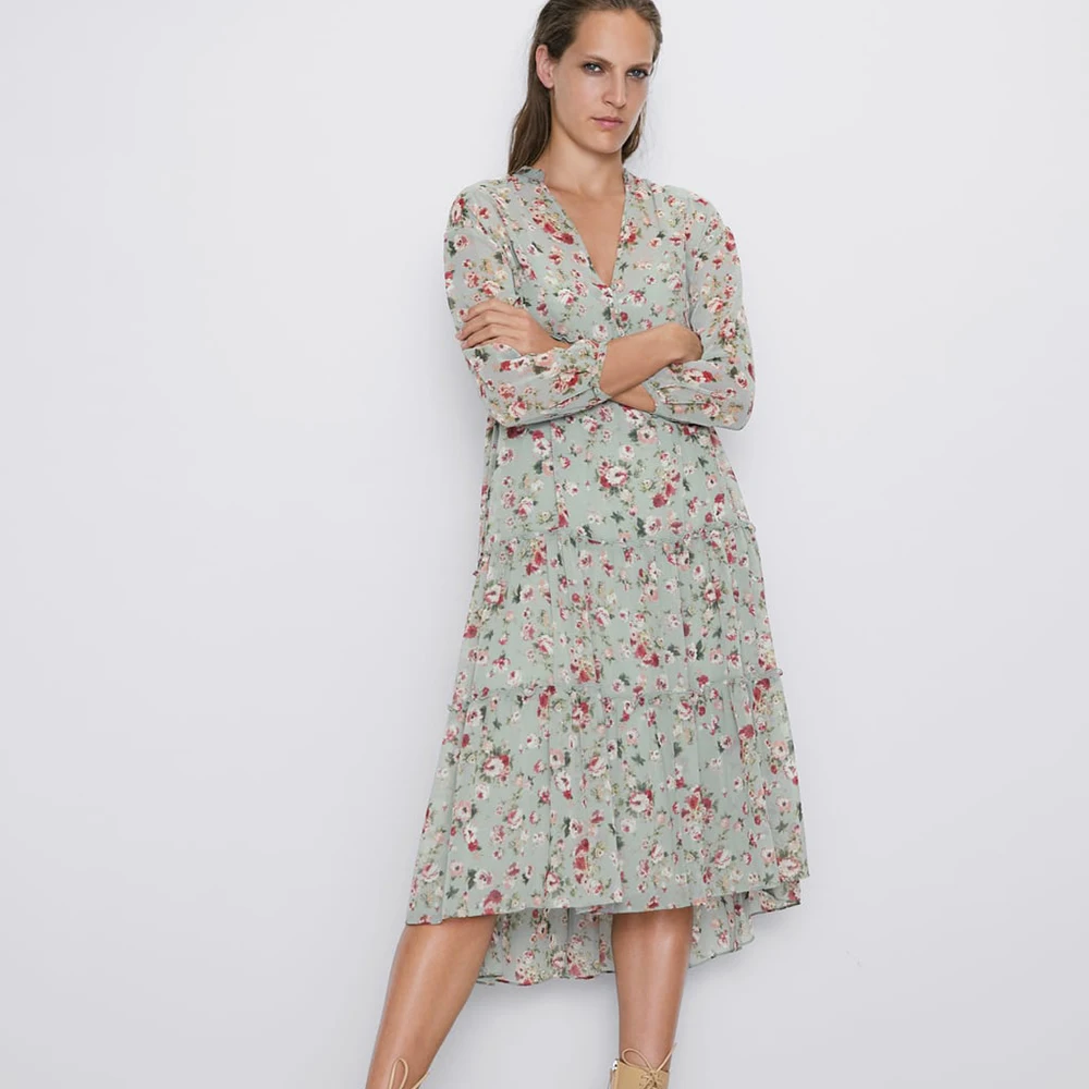 Boho ZA лето осень сексуальное плиссированное платье с цветочным принтом женское милое платье с v-образным вырезом популярное уличное Платье До Колена Платье