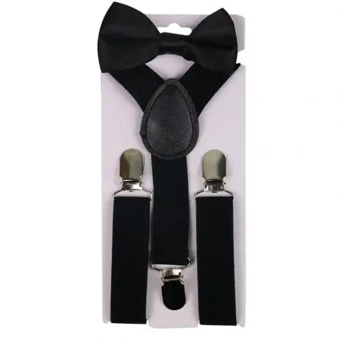 Однотонные Детские подтяжки для мальчиков, заколка для девочек, y-образные Эластичные подтяжки с галстуком-бабочкой, подтяжки с галстуком-бабочкой - Цвет: Black
