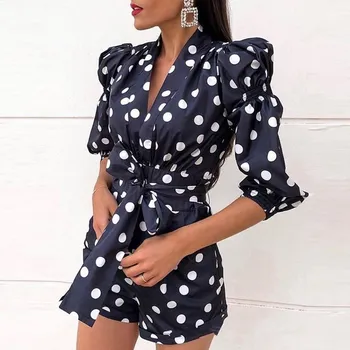 

2019 Autumn Print High Waist Polka Dot Rompers Women V-Neck With Belt Long Sleeve Jumpsuit Straight Vintage Short Playsuits