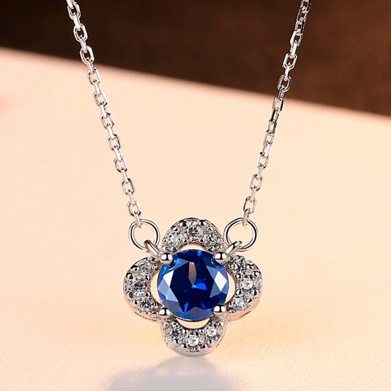 Blue AGLOVER, 925 пробы, серебряное ожерелье с подвеской в виде цветка, для девушек, прекрасный кубический циркон, длинная цепочка, ожерелье,, новинка, модное ювелирное изделие, подарок - Цвет камня: Blue