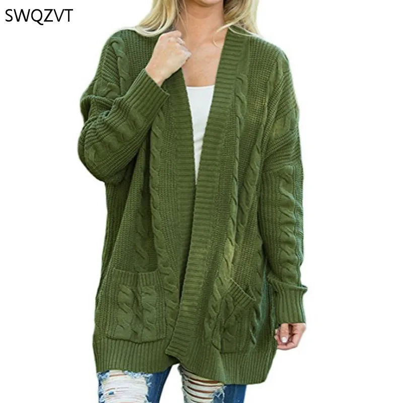 SWQZVT Plus Size Sweater Women 2020 Autumn Winter Pocket Twist Knitted Long Cardigan Casual Loose Clothes outwear |