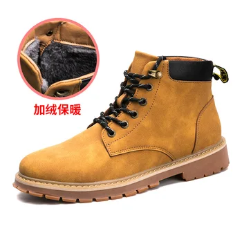 

2019 New Flat heel men boots Plus cashmere Pu Shoes male Round head Solid Color Lace up fashion Men's winter boots Size 39-44