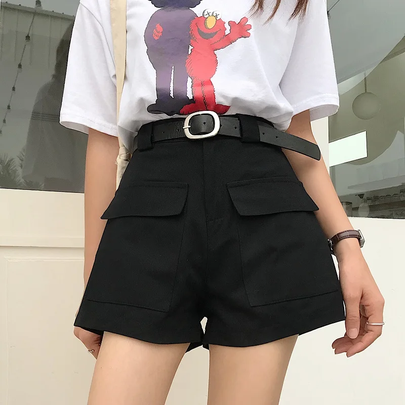 Летние корейские Ulzzang, новинка, Harajuku, шорты, повседневные, большие размеры, высокая талия, ins, женские, для колледжа, одноцветные, с карманами, шорты Карго