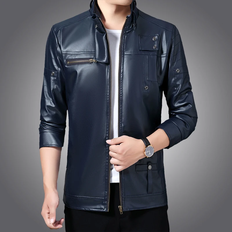 navy blue Мужские зимние кожаные куртки весна и осень новые красивые тонкие корейские Молодежные мужские толстые длинные Умные повседневные Черные - Цвет: navy blue