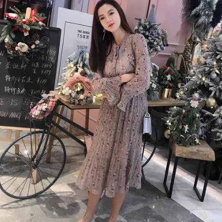 floral print flared sleeve pleated chiffon dress