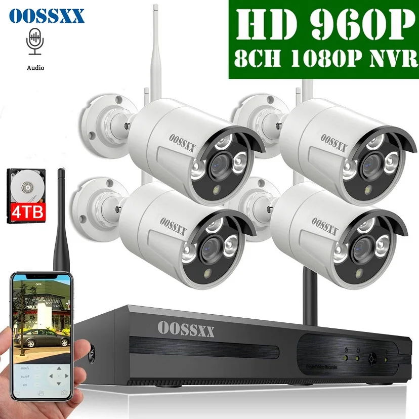4 White 960P Cameras Беспроводная система охранной камеры, комплект NVR 8CH 1080 P, 4 шт 960P(1,3 м) наружная беспроводная ip-камера видеонаблюдения OOSSXX - Цвет: 4 White 960P Cameras