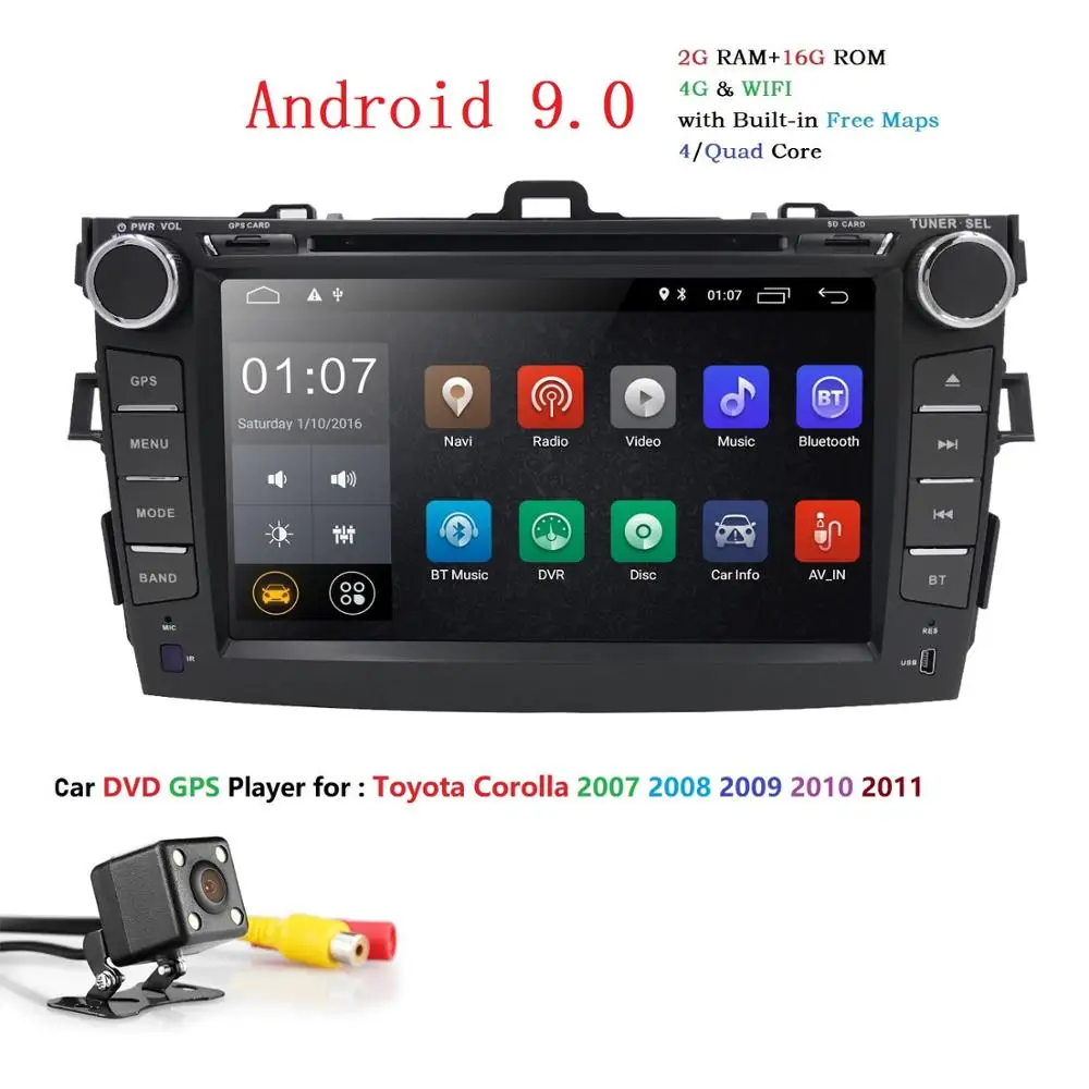 Два Din Android 9.0 автомобильный dvd-плеер для Toyota Corolla 2007-2011 Радио стерео Поддержка gps wifi 4G Bluetooth wifi OBD2 DAB+ камера