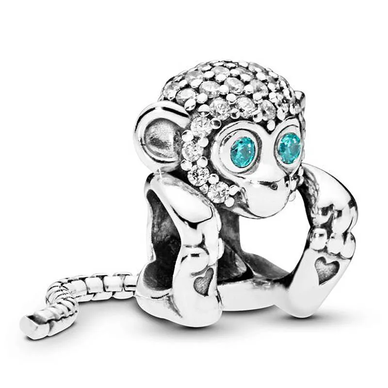 

New 925 Sterling Silver Bead Charm A Long Snake-chain Tail Sparkling Monkey With Crystal Beads Fit Pandora Bracelet Diy Jewelry