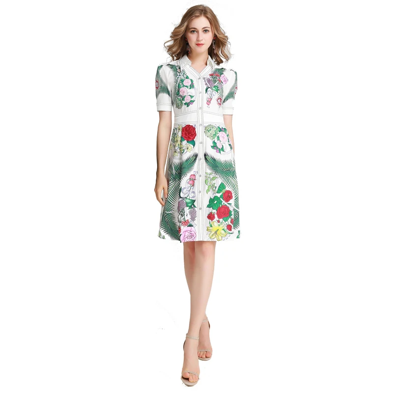 

summer faldas mujer moda 2019 streetwear vintage dress printing green midi V-neck short-sleeved waist slim casual dress