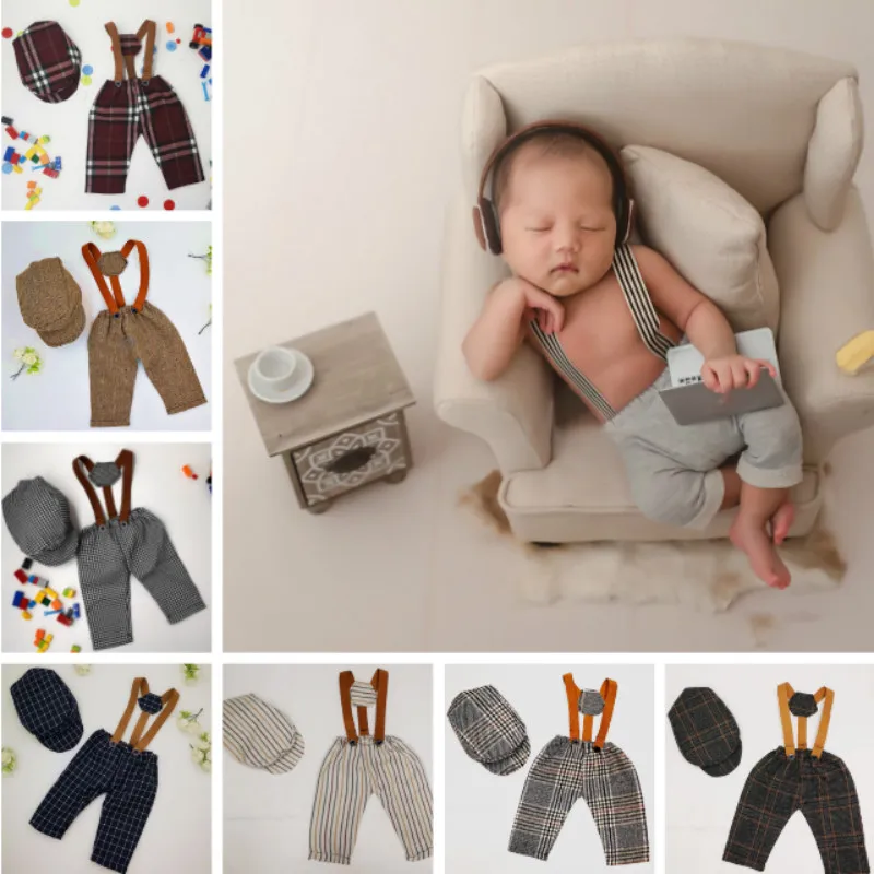 Newborn Photography Props Baby Boy Clothes Suspender Trousers With Hats baby Peaked Cap Infant Shoot Accessories Fashion Design