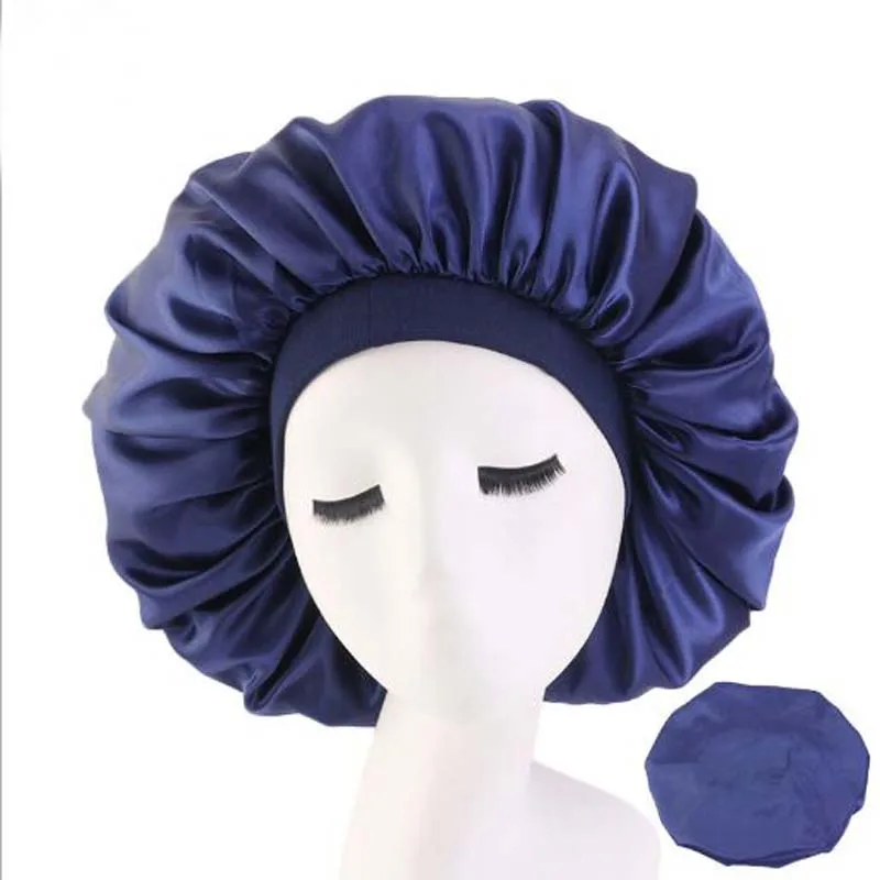 Европейская очень большая круглая цветная шапка Skullies Beanies широкая эластичная Ночная шапка весенне-осенняя шелковая шапочка для химиотерапии - Цвет: Тёмно-синий